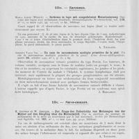 0044 - Page 40 - Analyses. 10k. — Epithéliomas. E. Wallon. — Cancer cutané stérilisé par le radiun après des délais anormaux. La presse médicale, 3 mars 1945 / 10m. — Sarcomes. Marga Aleite. — Sarkoma in lupo mit ausgedehnter metastasierung (Sarcome sur lupus avec métastases étendues). Dermatologische wochenschrift, 20 mars 1943 / Amparo Valls Gil. — Un caso de sarcomatosis multiple primitiva de la piel. (Un cas de sarcomatose multiple primitive de la peau). Actas dermo-sifiliograficas, octobre 1942 / 10n. — Naevo-cancers. H. Gottron et W. Gertler. — Zur frage des uebertritts von melanogen von der mutter auf den säugling über die muttermilch (Sur la question du passage du mélanogène de la mère au nourrisson par le lait maternel). Archiv für dermatologie and syphilis, 10 mai 1940 / G. Bonnal. — Naevo-carcinome mélanique de la face guéri par Curiethérapie. Marseille médical, 15 janv. 1945