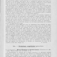 0047 - Page 43 - Analyses. 10o. — Cancers (Généralités). J. Paoli. — Les cancers professionnels. Marseille médical, 15 janv. 1945 / Pr Roussy, H. Gougerot, Mme S. Laborde, J. Belot S. Blondin, P. Cottenot, J. Courtial. Ch. Flandin, R. Giraudeau, R. Huguenin, A. Tailhefer, A. Touraine. — Le traitement du cancer de la peau / 11a. — Dermatoses congénitales (Généralités). O. Von Verschuer. — Manuel d'Eugénique et hérédité humaine. Traduction de G. Montandon. Masson, Paris, 1943