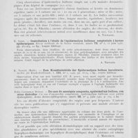0050 - Page 46 - Analyses. 11c. — Dermatoses congénitales bulleuses. S. Greenberg. — Epidermolysis bullosa. Archives of dermatology and syphilology, mai 1944 / R. Gonin. — Contribution à l'étude de l'épidermolyse bulleuse congénitale à kystes épidermiques. Revue médicale de la Suisse romande, 25 juin 1943 / K. Nissler. — Zum krankheitsbilde der epidermolysis bullosa hereditaria. Archiv für kinderheilkunde, 1944 / Felix Contreras Duenas. — Un caso de anoniquia congenita, epidermolisis bullosa, con otras distrofias (En cas d'anonychie congénitale, épidérmolyse bulleuse avec autres dystrophies). Actas dermo-sifiliogralicas, juin 1941 / 11d. — Kératoses congénitales. R. Turpin, P. Desvignes et J.-L. Demassieux. — Sur une variété d'ichtyose héréditaire avec altération du fond d'oeil. Nouveau syndrome ectoblastique ? la semaine des hôpitaux, 7 avril 1945