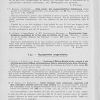 0054 - Page 50 - Analyses. 11f. — Hyperplasies congénitales. Denise Zaigue. — Contribution à l'étude des naevi pigmentaires et de la pachydermie vorticellée. Thèse, Paris, 1943 / S. Rudberg. — Cutis gyrata mit ungenwöhnlicher lokalisation (Cutis gyrata de localisation inhabituelle). Acta paediatrica, 31 octobre 1939 / R. Clément, Combes-Hamel et Mlle Sclublisguth Léontiasis. — Hypertrophie hypodermique congénitale de la face chez une fillette de 10 ans. Bullettins et mémoire de la société médicale des hôpitaux / 11g. — Hypoplasies congénitales. P. Nicaud, Lafitte et S. Buhot. — Syndrome d'Ehlers-Danlos fruste, associé à une atrophie musculaire diffuse à prédominance distale simulant le type Aran-Duchesne. Bulletins et mémoires de la société médicale des hôpitaux de Paris, 1944 / H. W. Siemens et C. Eindhoven. — Ueber chalasis cutis universalis congenita und über sekundäre chalasis cutis bei cutis elastica (Sur la dermatochalazie généralisée congénitale et sur la chalazie secondaire doela cutis elastica). Archiv für dermatologie und syphilis, 30 sept. 1942