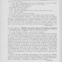 0060 - Page 56 - Analyses. 20ae. — Pénicillothérapie. C. Levaditi et A. Vaisman. — Action thérapeutique de la pénicilline dans la syphilis cliniquement inapparente et la maladie de Nicolas-Favre chez la souris. Bulletin de l'académie de médecine, séance du 19 décembre 1944 / Ch. Keefer. — Penicillin. Its present status in the treatment of infections (La pénicilline. État actuel du traitement des infections). The American journal of the medical sciences, août 1945 / J. Archambault. — La pénicilline dans le traitement des maladies vénériennes. L'Union médicale du Canada, juillet 1945