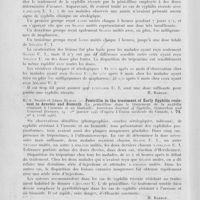 0064 - Page 60 - Analyses. 20ae. — Pénicillothérapie. C. W. Binkley et R. L. Kile. — Rapid treatment of early syphilis with small doses of penicillin (Le traitement rapide de la syphilis récente par De petites doses de pénicilline). American archives of dermatology and syphilology, mars 1945 (D'après l'Union médicale du Canada, juin 1945) / R. A. Nelson et Leroy Duncan. — Penicillin in the treatment of early syphilis resistant to arsenic and bismuth (La penicilline dans le traitement de la syphilis résistant à l'arsenic et au bismuth). American journal of syphilis, gonorrhea and venereal diseases, 1er janvier 1945 (D'après l'Union médicale du Canada, avril 1945)