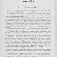 0096 - Page 88 - Analyses. 3v. — Traitements biologiques. J. Berrod. — La pénicilline, ses indications, ses résultats en thérapeutique. Thèse, Paris, 1945