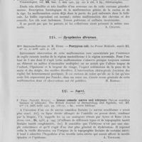 0101 - Page 93 - Analyses. 11i. — Trìchoses congénitales. R. Björnstad. — Ein fall von « Pili Torti » (Un cas de « Pili Torti »). Acta Dermato-Venereologica, mai 1941 / 11 k. — Dysplasies diverses. Mme Bertrand-Fontaine et M. Fèvre. — Pterygium coli. La presse médicale, 10 août 1943 / 11l. — Naevi. F. Piers. — Linear comedo naevus and ichtyosis (Naevus comédon linéaire et ichtyose). The British journal of dermatology and syphilis, juill.-août 1945 / F. S. Airey. — Pigmented Birth-Marks treated by Thorium X (Naevi pigmentaires traités par le thorium X). Proceedings of the royal society of medicine. Section of dermatology (16 novembre 1944), févr 1945