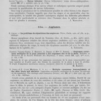 0102 - Page 94 - Analyses. 11l. — Naevi. F. S. Airey. — Pigmented Birth-Marks treated by Thorium X (Naevi pigmentaires traités par le thorium X). Proceedings of the royal society of medicine. Section of dermatology (16 novembre 1944), févr 1945 / Xavier Vilanova. — Nevus folicular (Naevus folliculaire). Actas dermo-sifiliograficas, octobre 1941 / 11 M. — Angiomes. E. Cogan. — Le problème de répartition des angiomes. Thèse, Paris, 1941 / Pasteur Vallery-Radot, J. Michaux, A. Bomail et Mme P. Robber. — Angiomes caverneux multiples de la peau associés à des angiomes des os de la main. Bulletin et mémoires de la société médicale des hôpitaux, 1943 / E. Pohle et E. Clark. — Multiple cavernous hemangiomata of the skin, brain and skeleton (Angiomes caverneux multiples de la peau, du cerveau et du squelette). The urologie and cutaneous review, mai 1945 / E. Carpelli. — Ueber ein besonderes fibrohämangiombildendes syndrom des lymphdrüsen und der haut, das in beziehung zur gruppe der « sarcomatosis Kaposi » steht (Sur un syndrome particulier, fibro-hémangiomateux des ganglions lymphatiques et de la peau, en rapport avec le groupe de la sarcomalose de Kaposi). archiv für dermatologie und syphilis, 10 mai 1940