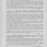 0105 - Page 97 - Analyses. 11 M. — Angiomes. E. Lortat-Jakob. — Lacryothérapie des angiomes. L'actualité derm.-vénéréol., 1944. L'expansion scientif. Paris / M. Ducourtioux. — Traitement des angiomes par la méthode des injections sclérosantes. L'actualité derm-vénéréol., 1944. L'expansion scientif. Paris, 1944 / D. Cappon. — Hereditary haemorrhagic telangiectasis (Angiomatose hémorragique héréditaire). British medical journal, 31 mars 1945 / W. Rundles. — Hemorragic telangiectasia with pulmonary artery aneurysm : case report (Télangiectasie hémorragique avec anévrysme de l'artère pulmonaire : une observation). The American journal of the medical sciences, juill. 1945