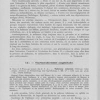 0108 - Page 100 - Analyses. 11n. — Tumeurs congénitales. H. Payenneville. — Les mélanoblastoses neuro-cutanées. Thèse, Paris 1944 / 11o. — Neuroectodermoses congénitales. Z. Noon et O. Williams. — Tuberous sclerosis (Sclérose tubéreuse). Archives of dermatology and syphilology, août 1944