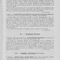 0113 - Page 105 - Analyses. 11t. — Polydysplasies congénitales. H. Seidlmayer. — Ueber ein neues syndrom multipler abartung : pigment anomalie, kongenitaleektodermale, dysplasie, nebennierenmarkaplasie (Sur un nouveau syndrome polydysembryoplasique : anomalie pigmentaire, dysplasie ectodermique congénitale, aplasie de la médullaire surrénale). Zeitschrift für kinderheilkunde 1942 / M. Michon. — Considérations sur l'étiologie et l'anatomie de la maladie de Dupuytren. Thèse, Paris, 1945 / 11u. — Dysplasies diverses. R. Turpin et Mme Caspar-Fonmarty. — La dactyloscopie des mongoliens. La semaine des hôpitaux, 7 avril 1945 / 15c. — Maladies vénériennes (Sociologie). R. Gillmor. — Industry versus venereal disease (Lutte contre les maladies vénériennes dans la zone du Pacifique). Hospital Corps Quarterly, avril 1945