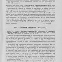 0115 - Page 107 - Analyses. 15c. — Maladies vénériennes (Sociologie). J. R. Heller (U. S. A). — Venereal disease control (Contrôle des maladies vénériennes), d'après journal of social hygiene, janvier 1945 / Margaret Wailes, Hilda Johns. — Social aspect of the venereal diseases (Aspect social dés maladies vénériennes) d'après British journal of venereal diseases, mars 1945 / 15e. — Maladies vénériennes (Prophylaxie). J. Boisseau et J. Ciaudo. — L'examen systématique des procréateurs. La consultation prénatale paternelle. Bulletin de l'académie de médecine. Séance du 12 janvier 1943