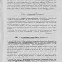 0117 - Page 109 - Analyses. 17c. — Chancrelle (Complications). Silverio Gallego Calatayud. — Las phlebitis y embolis que complican el chancro blando (Les phlébites et embolies qui compliquent le chancre mou). Medicina española (Lecturas dermosifiliograficas de actualidad), novembre 1943 / 17d. — Chancrelle (Traitement). Antonio Zubiri Vidal. — Chancro venereo y sulfotiazol (Chancre mou et sulfothiazol). Medicina española, mai 1943 / 18a. — Maladie de Nicolas-Favre (Généralités). N. Meltzer et K. Sipos. — Ueber die züchtbarkeit der lymphogranulom-erregers in der Chorion-Allantois von Hüherembryonen (Culture de l'agent du lymphogranulome en chorio-allantoïde d'embryons de poulets). Acta Dermato-Venereologica, septembre 1941 / C. Levaditi et H. Noury. — Association entre ultra-virus : poliomyélite (Souche Lansing) et maladie de Nicolas et Favre. Comptes rendus des séances de la société de biologie. Séance du 11 décembre 1943