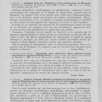 0118 - Page 110 - Analyses. 18a. — Maladie de Nicolas-Favre (Généralités). C. Levaditi et H. Noury. — Association entre ultra-virus : poliomyélite (Souche Lansing) et maladie de Nicolas et Favre. Comptes rendus des séances de la société de biologie. Séance du 11 décembre 1943 / C. Levaditi. — Relations entre les « Rickettsia » et les granulo-corps de Miyagawa. Bulletin de l'académie de médecine. Séance du 26 janvier 1943 / C. Levaditi et H. Noury. — Association entre ultra-virus : fièvre aphteuse (Souche neurotrope) et maladie de Nicolas-Favre. Comptes rendus des séances de la société de biologie / C. Levaditi. — Quand et comment débutent et évoluent les altérations et les granulo-corps de miyagawa chez les souris inoculées avec le virus lymphogranulomateux. Comptes rendus des séances de la société de biologie. Séance du 22 juillet 1944 / C. Levaditi. — Particularités de l'infection lymphogranulomateuse de la souris. Comptes rendus des séances de la société de biologie, octobre 1944. Séance du 14 octobre 1944