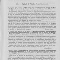 0121 - Page 113 - Analyses. 18c. — Maladie de Nicolas-Favre (Complications) ;. C. E. Sonck. — Die augenaffektionen bei lymphogranuloma inguinale (Les affections oculaires du lymphogranulome inguinal). Acta Dermato-Venereologica, mars 1943 / 18d. — Maladie de Nicolas-Favre (Traitement). C. Levaditi et A. Vaisman. — Effet curatif de la pénicilline dans la maladie de Nicolas-Favre de la souris. Bulletin de l'académie de médecine. Séance du 24 avril 1945 / C. Levaditi, Ch. Mentzer et H. Noury. — Action thérapeutique expérimentale du 2 (P. Aminophényl-sulfamido) diméthyl 4. 6 pyrimidine dans la maladie de Nicolas-Favre de la souris. Comptes rendus des séances de la société de biologie, octobre 1944. Séance du 14 octobre 1944 / Raymond O. Stein. — Observations of thirty-five cases of venereal lymphogranuloma treated with sulfanilamide (35 cas de lymphogranulomatose vénérienne traités par les sulfamides). American journal of syphilis, juillet 1940