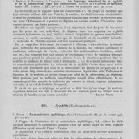 0122 - Page 114 - Analyses. 20c. — Syphilis (Sociologie). J. Boisseau, A. Bouisset et J. Pellegrin. — Le dépistage simultané de la syphilis et de la tuberculose dans les collectivités. Bulletin de l'académie de médecine. Séance du 12 janvier 1943 / 20d. — Syphilis (Contaminations). G. Milian. — La surinfection syphilitique. Paris-médical, 10 mai 1943