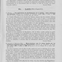 0125 - Page 117 - Analyses. 20f. — Syphilis (Expérimentation). C. Levaditi. — Affinité du « Treponema pallidum » pour la musculature lisse du tractus digestif. Bulletin de l'académie de médecine. Séance du 20 octobre 1942 / 20g. — Syphilis (Séro-diagnostic). E. Debains. — Les applications du sérodiagnostic de la syphilis : choix nécessaire des méthodes. Bulletin de l'académie de médecine. Séance du 24 avril 1945 / H. Gougerot et Madeleine Héry. — Micro-réactions avec le sérum liquide par les techniques ordinaires grâce aux micro-gouttes. Bulletin de l'académie de médecine. Séance du 27 mars 1945