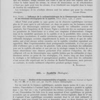 0126 - Page 118 - Analyses. 20g. — Syphilis (Séro-diagnostic). H. Gougerot et Madeleine Héry. — Micro-réactions avec le sérum liquide par les techniques ordinaires grâce aux micro-gouttes. Bulletin de l'académie de médecine. Séance du 27 mars 1945 / Paul Vigier. — Influence de la sulfamidothérapie de la blennorragie sur l'incubation et les réactions sérologiques de la syphilis. Thèse Paris, 1943 / 20h. — Syphilis (Biologie). Harry Pariser. — Studies of the transmissibility of syphilis. American journal of syphilis, mai 1941