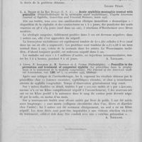 0128 - Page 120 - Analyses. 20ae. — Pénicillothérapie. C. Levaditi et A. Vaisman. — Activité thérapeutique de la pénicilline dans la syphilis expérimentale du lapin. Bulletin de l'académie de médecine. Séance du 12 juin 1945 / L. A. Nelson et Le Roy Duncan. — Acute syphilitic meningitis treated with penicillin (Pénicillothérapie de la méningite aiguë syphilitique), d'après American journal of syphilis, gonorrhea and venereal diseases, mars 1945 / J. Lentz, N. Ingraham jr, H. Beerman et J. Stokes. — Penicillin in the prevention and treatment of congenital syphilis (La pénicilline dans la prophylaxie et le traitement de la syphilis congénitale). The journal of the American medical association, 14 octobre 1944