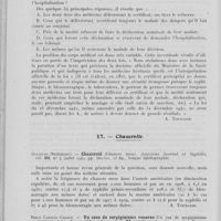 0172 - Page 160 - Analyses. 15g. — Maladies vénériennes (Législation). Sicard de Plauzolles et A. Cavaillon. — Le corps médical et le certificat prénuptial. La prophylaxie antivénérienne, mai et juin 1944 / 17. — Chancrelle. Sullivan. — Chancroid (Chancre mou). American journal of syphilis, juillet 1940 / Diego Carillo Casaux. — Un caso de serpiginisme venereo (Un cas de serpiginisme vénérien). Actas dermo-sifiliograficas, octobre 1942