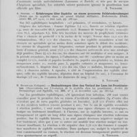 0180 - Page 168 - Analyses. 20c. — Syphilis (Sociologie). L.-M. Pautrier et A. Ullmo. — Recrudescence inquiétante de la syphilis dans le canton de Vaud et lacunes dans l'organisation de la lutte antivénérienne en Suisse. Réun. Dermat. De Lausanne, mars 1945, 1946 / A. Spinner. — Erfahrungen über syphilis an einem grosseren soldatenkrankengut (Notes sur la syphilis dans un grand hôpital militaire). Medizinische klinik, 12 mai 1944 / H. Buchwald. — Beobachtungen über den verlauf der lues bei prostituierten (Observations sur l'évolution de la syphilis chez les prostituées). Archiv für dermatologie und syphilis, 20 novembre 1940 / H. O. Münsterer. — Untersuchungen zur syphilitischen durchseuchung von strafgefangenen (Recherches sur la morbidité syphilitique dans les prisons). Archiv für dermatologie und syphilis, 7 octobre 1939