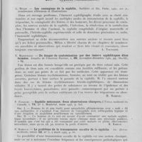 0181 - Page 169 - Analyses. 20c. — Syphilis (Sociologie). H. O. Münsterer. — Untersuchungen zur syphilitischen durchseuchung von strafgefangenen (Recherches sur la morbidité syphilitique dans les prisons). Archiv für dermatologie und syphilis, 7 octobre 1939 / 20d. — Syphilis (Contamination). G. Milian. — Les contagions de la syphilis. Baillière et fils, Paris, 1940 / Y. Manouelian. — Du danger de contamination par Des lésions syphilitiques dites fermées. Annales de l'Institut Pasteur, novembre-décembre 1942 / P. Panaccio. — Syphilis méconnue, deux observations cliniques. L'union médicale du Canada, Montréal, mars 1945 / P. Rimbaud. — Le problème de la transmission occulte de la syphilis. La presse médicale, 4 mars 1944
