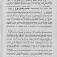 0183 - Page 171 - Analyses. 20e. — Syphilis (Microbiologie). C. Levaditi et Mlle H. Noury. — Le virus syphilitique ganglionnaire est-il ultrafiltrable ? c. R. Acad. Des sciences, 1944 / C. Levaditi. — Le virus syphilitique est-il ultra-filtrable ? presse médicale, 1944 / C. Simon et R. Mollinedo. — Quelques données récentes sur le spirochétogéne en syphiligraphie. Le bulletin médical, 1943 / C. Simon et R. Mollinero. — A propos du granule spirochétogène. Presse médicale, 1943