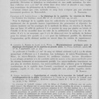 0190 - Page 178 - Analyses. 20g. — Syphilis (Séro-diagnostic). A. Suchet. — Une réaction qualitative et quantitative de déviation du complément réalisée avec 0 cm3 02 de sérum frais. La prophylaxie antivénérienne, 1945 / Cavaillon et E. Lortat-Jacob. — Le dépistage de la syphilis. La réaction de Kline. La semaine des hôpitaux, 1945 / R. Laporte, L. Hardri de Looze et E. Winik. — Microtechnicjues pratiques pour le dépistage sérologique de la syphilis en grande série. La presse médicale, 1943 / R. Garcia Argüelles. — Contribucion al estudio de la reaccion de Leiboff para el serodiagnostico de la sifilis (Contribution à l'étude de la réaction de Leiboff pour le diagnostic de la syphilis). Medicina española, janvier 1943