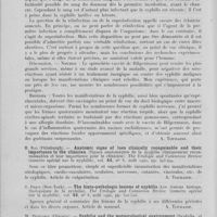 0196 - Page 184 - Analyses. 20h. — Syphilis (Biologie). J. Guszman. — Die allgemeine pathologie der syphilis (La pathologie générale de la syphilis). Tangung der ungarischen dermatologischen gesellschaft, Budapest, 12, 13 et 14 juin. 1942, d'après le résumé de l'auteur, in dermatologische wochenschrift, 1943, zentralblatt für haut und geschlechtskrankheiten, 1943 / H. Ray. — Anatomic signs of lues clinically recognizable and their importance to the clinician. (Signes anatomiques de la syphilis cliniquement reconnaissables et leur importance pour le clinicien). The urologie and cutaneous review (Numéro spécial sur la syphilis), août 1940 / S. Price. — The histo-pathologic lesions of syphilis (Les lésions histopathologiques (Le la syphilis). The urologie and cutaneous review (Numéro spécial sur la syphilis), août 1940 / W. Petersen. — Syphilis and the meteorological environment (Syphilis et milieu extérieur météorologique). The urologie and cutaneous review (Numéro spécial sur la syphilis), août 1940