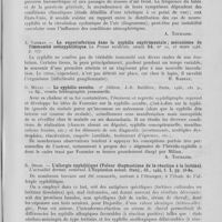 0197 - Page 185 - Analyses. 20h. — Syphilis (Biologie). W. Petersen. — Syphilis and the meteorological environment (Syphilis et milieu extérieur météorologique). The urologie and cutaneous review (Numéro spécial sur la syphilis), août 1940 / A. Vaisman. — La suçerinfection dans la syphilis expérimentale ; mécanisme de l'immunité antisyphilitique. La presse médicale, 1946 / G. Milian. — La syphilis occulte, J.-B. Baillière, Paris, 1946 / R. Degos. — L'allergie syphilitique (Valeur diagnostique de la réaction à la luétine). L'actualité dermat. Venereol. L'expansion scient. Franç., édit., 1944