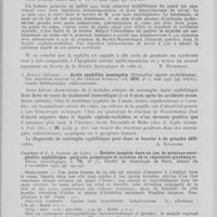 0214 - Page 202 - Analyses. 20q. — Syphilis nerveuse. R. Amyot. — Gomme cérébrale. L'union médicale du Canada, septembre 1940 / G. Milian. — Apoplexie séreuse syphilitique spontanée sans acte thérapeutique. Paris médical, 1944 / A. Heyman. — Acute syphilitic meningitis (Méningites aiguës syphilitiques). The American journal of the médical sciences, mai 1945 / Carrière et P. J. Gineste. — Diabète insipide dans un cas de méninge-encéphalite syphilitique : polyurie, polyphagie et troubles de la régulation glycémique. Revue neurologique. Société de Paris