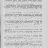 0215 - Page 203 - Analyses. 20q. — Syphilis nerveuse. Carrière et P. J. Gineste. — Diabète insipide dans un cas de méninge-encéphalite syphilitique : polyurie, polyphagie et troubles de la régulation glycémique. Revue neurologique. Société de Paris / Paul Richard. — Contribution à l'étude du comportement mental du syphilitique en présence de sa maladie. Thèse Paris, 1943 / A. Barbé. — La syphilis mentale. Annales médico-psychologiques. Janvier-février-avril 1944