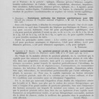 0216 - Page 204 - Analyses. 20q. — Syphilis nerveuse. A. Barbé. — La syphilis mentale. Annales médico-psychologiques. Janvier-février-avril 1944 / L. Derobert. — Statistiques médicales des hôpitaux psychiatriques pour 1943. Recueil des travaux de l'institut national d'hygiène, Mason, 1945 / M. Leconte et P. Marty. — La paralysie générale est-elle de nature exclusivement syphilitique ? gazette des hôpitaux, 1945 / J. Delay, P. Neveu et P. L. Desclaux. — L'encéphalographie gazeuse dans la paralysie générale. Sa valeur pronostique. Revue neurologique, juillet-août 1945