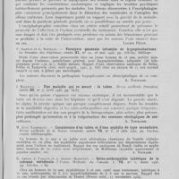 0217 - Page 205 - Analyses. 20q. — Syphilis nerveuse. J. Delay, P. Neveu et P. L. Desclaux. — L'encéphalographie gazeuse dans la paralysie générale. Sa valeur pronostique. Revue neurologique, juillet-août 1945 / P. Sainton et G. Boitelle. — Paralysie générale infantile et hypopituitarisme. La semaine des hôpitaux, 1945 / J. Haguenau. — Une maladie qui se meurt : le tabes. Revue médicale française, avril 1945 / M. Juon. — Coexistence d'un tabès et d'une syphilis de type secondaire. Revue médicale de la suisse romande, 1942 / R. Amyot, J. Vasquez et A. Genest. — Ostéo-arthropathie tabétique de la colonne vertébrale. L'union médicale du Canada, mars 1943 / Th. Alajouanine et R. Thurel. — Douleurs fulgurantes du type tabétique à la suite d'une myélotomie postérieure chez une malade atteinte d'érythromélalgie. Revue neurologique, siciété de Neurolorie de Paris, 1944