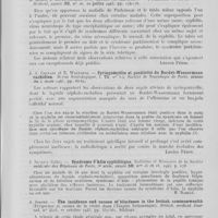 0219 - Page 207 - Analyses. 20q. — Syphilis nerveuse. Léon Michaux, J. L. Courchet et Mlle Granier. — Astéréognosie symptôme révélateur d'un tabès latent. Apparition ultérieure de mouvements involontaires des mains. Revue neurologique. Siciété de neurolorie de Paris / H. Roger, J. Boudouresques et P. Mouren. — Parkinson et tabès. Paris-médical, 1943 / J. A. Chavasy et E. Wollnetz. — Syringomyélie et positivité du Bordet-Wassermann rachidien. Reçue neurologique. Société de neurologie de Paris, 1943 / J. Dereux. — Syndrome d'adie syphilitique. Bulletins et mémoires de la société médicale des hôpitaux de Paris, 1943 / A. Sorsby. — The incidence and causes of blindness in the British commonwealth (Fréquence et causes de la cécité dans l'empire britannique). British medical journal, 1945