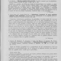 0225 - Page 213 - Analyses. 20ae. — Syphilis (Pénicillothérapie). W. Scott Cowe. — Masking syphilis with penicilline (Syphilis masquée par la pénicilline). British medical journal, 1945 / U. E. Osmond. — Masking syphilis with penicillin (Syphilis masquée par la pénicilline) : British medical journal, 1945 / T. Lloyd Jones et F. Gordon Maitland. — Ambulatory treatment of early syphilitic infection with penicilline (Pénicillothérapie ambulatoire de la syphilis précoce). British journal of venereal diseases, juin 1945 / J. Stokes, H. Beermann, N. Ingraham, J. Lentz, H. Morgan, G. Gammon, W. Steele, E. Kirk Rose et P. Gyorgy. — Penicillin in late syphilis (Pénicilline dans la syphilis tardive). American journal of syphilis, mai 1945