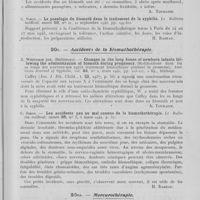 0311 - Page 291 - Analyses. 20y. — Bismuthothérapie. P. Meynier. — Le traitement bismuthique exclusif de la syphilis précoce, à propos d'une expérience portant sur 14 ans. Thèse Lyon, 1945 / C. Simon. — La posologie du bismuth dans le traitement de la syphilis. Le bulletin médical, 1945 / 20z. — Accidents de la bismuthothérapie. J. Whitridje jun. — Changes in the long bones of newborn infants following the administration of bismuth during pregnancy. (Modifications dans les os longs des nouveau-nés après traitement bismuthique pendant la grossesse). American journal of syphilis, mars 1940 / C. Simon. — Les Accidents peu ou mal connus de la bismuthothérapie. Le bulletin médical, 1944 / 20aa. — Mercurothérapie. R. Seigneurin et C. Renaux. — Le mécanisme physicochimique de l'action oligodynamique du mercure. Annales de l'Institut Pasteur, 1943