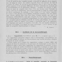 0312 - Page 292 - Analyses. 20aa. — Mercurothérapie. R. Seigneurin et C. Renaux. — Le mécanisme physicochimique de l'action oligodynamique du mercure. Annales de l'Institut Pasteur, 1943 / 20ab. — Accidents de la mercurothérapie. G. Milian. — Suppositoires. Paris-médical, 1945 / 20ae. — Pénicillothérapie. C. N. Frazier et E. H. Frieden. — Action of penicillin, especially on treponema pallidum. (Action de la pénicilline, en particulier sur le tréponème pâle). The J. of amer, med. Assoc. 1946