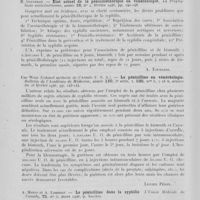 0314 - Page 294 - Analyses. 20ae. — Pénicillothérapie. C. N. Frazier et E. H. Frieden. — Action of penicillin, especially on treponema pallidum. (Action de la pénicilline, en particulier sur le tréponème pâle). The J. of amer, med. Assoc. 1946 / H. Gougerot. — État actuel de la pénicillothérapie en vénéréologie. La prophylaxie antivénérienne, février 1946 / Udo Wile. — La pénicilline en vénéréologie bulletin de l'académie de médecine, 1946 / A. Marin et A. Lambert. — La pénicilline dans la syphilis l'union médicale du Canada, mars 1946