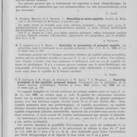 0319 - Page 299 - Analyses. 20ae. — Pénicillothérapie. R. A. Nelson et J. E. Moore. — Méningite aiguë traitée par la pénicilline. Amer. J. of syph. Gon. And Ven. Dis. Mai 1946 / R. Dupérié, Monayou et G. Moretti. — Pénicilline et neuro-syphilis. Société de médecine et de chirurgie de Bordeaux, 1946 / M. S. Goodwin et J. E. Moore. — Penicillin in prevention of prenatal syphilis (La pénicilline dans le traitement de la syphilis prénatale). The J. A. M. A. 1946 / N. R. Ingraham, J. H. Stokes, H. Beermann, J. W. Lentz, S. Wammock. — Penicillin treatment of the syphilitic pregnant woman (Traitement par la pénicilline de la femme enceinte syphilitique). Journal of amer. Med. Assoc