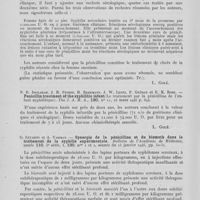 0320 - Page 300 - Analyses. 20ae. — Pénicillothérapie. N. R. Ingraham, J. H. Stokes, H. Beermann, J. W. Lentz, S. Wammock. — Penicillin treatment of the syphilitic pregnant woman (Traitement par la pénicilline de la femme enceinte syphilitique). Journal of amer. Med. Assoc / N. R. Ingraham, J. H. Stokes, H. Reermann, J. W. Lentz, P. György et E. K. Rose. — Penicillin treatment of the syphilitic infant (Le traitement par la pénicilline de l'enfant syphilitique). The J. A. M. A / G. Levaditi et A. Vaisman. — Synergie de la pénicilline et du bismuth dans le traitement de la syphilis expérimentale. Bulletin de l'académie de médecine, 1946