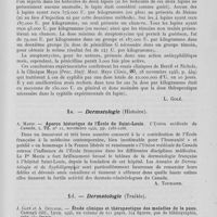 0321 - Page 301 - Analyses. 20ae. — Pénicillothérapie. W. B. Dunham et G. Rake. — Streptomycin therapy of experimental syphilis (Traitement de la syphilis expérimentale par la streptomycine). Science, 1946 / 1a. — Dermatologie (Histoire). A. Marin. — Aperçu historique de l'école de Saint-Louis. L'union médicale du Canada, 1944 / 1d. — Dermatologie (Traités). J. Gaté et A. Ceccaldi. — Étude clinique et thérapeutique des maladies de la peau. Camugli édit., Lyon. 1945
