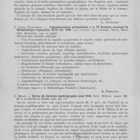 0324 - Page 304 - Analyses. 1e. — Dermatologie (Articles d'ensemble). Edwin Hirsch. — Woman's inner seret (Le secret intime de la femme). Reseach publications, Chicago / F. Sicilia Traspaderne. — Comunicaciones presentadas a la IV reunion nacional de dermatologos espanoles, 19-21 oct. 1940. 19-21 octobre 1940, monogr. Bayer, hnos, édit., Barcelone / G. Milian. — Revue de dermato-syphiligraphie pour 1944. Paris medical, 1945