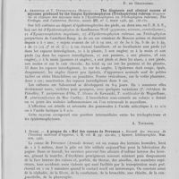 0413 - Page 385 - Analyses. 4m. — Épidermomycoses. W. Zündel. — Mykosen durch épidermophyton rubrum (Mycoses par épidermophyton rubrum). Archiv für dermatologie und syphilis, 1940 / S. M. Tiless. — Trichofitiia za 5 let pog. Kouibouichevou u oblasti (Les trichophyties pendant 5 ans à la ville de Koubichev et dans son district). Travaux de l'institut de recherches scientifiques de dermato-vénérologie du district de Koubichev, 1941 / A. Ariyevich et Pentkovskaya. — The diagnosis and clinical course of mycoses produced by the fungus épidermophyton (Trichophyton) rubrum (Diagnostic et clinique des mycoses dues à l'epidermophyton ou trichophyton rubrum). The urologic and cutaneous review, 1946 / J. Duché. — A propos du « mal des cannes de Provence ». Recueil des travaux de l'institut national d'hygiène, Masson, 1944