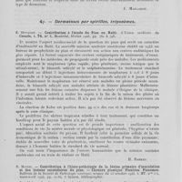 0418 - Page 390 - Analyses. 4o. — Dermatoses par Protozoaires. Silverio Gallego Calatayud. — Dermatosis alergicas en relacion con la amebiasis intestinal cronica (Dermatoses allergiques en relation avec l'amibiase intestinale chronique). Medicina espanola (Lecturas dermosifiliograficas de actualidad), novembre 1943 / 4p. — Dermatoses par Spirilles, tréponèmes. E. Duvalier. — Contribution à l'étude du Pian en Haïti. L'union médicale du Canada, Montréal, février 1945 / R. Montel. — Contribution à l'histo-pathologie de la lésion primaire d'inoculation et des lésions secondaires du pian. — Chancre pianique. Pianides. Pianomes. Bulletin de la société de pathologie exotique, séance du 13 octobre 1943, mars-avril 1944