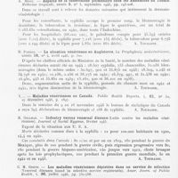 0090 - Page 84 - Analyses. 15b. — Maladies vénériennes (Statistiques). J. Gaté, P. Robin et P. Violet. — Un an de déclaration des maladies vénériennes dans le département du Rhône. Journal de Médecine de Lyon, 1946 / A. Bigot. — Aspects de la tuberculose pulmonaire chez les Annamites du Tonkin. Médecine tropicale, 1945 / D. Parker. — La situation vénérienne en Angleterre. La prophylaxie antivénérienne, 1946 / — Maladies vénériennes au Canada. Public Health Reports, 1946 / R. Gillmar. — Industry versus venereal disease (Lutte contre les maladies vénériennes). Journal of Social Hygiene, février 1945 / C. H. Greve. — Les maladies vénériennes dépistées dans un service de sélection (Venereal diseases found in sélective service registrants). Amer. Journ. of Public Health, 1946