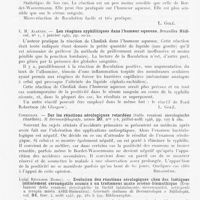 0198 - Page 188 - Analyses. 20g. — Syphilis (Sérologie). Bock. — Technique séroscopique de diagnostic de la syphilis. Société française de Biologie clinique, 1946 / Mestdagh. — Réaction de Chediak. Soc. Belge de derm. Et de syph., 1946, Bruxelles Médical, 1946 / L. H. Alaerts. — Les réagines syphilitiques dans l'humeur aqueuse. Bruxelles Médical, 1947 / Coricciati. — Sur les réactions sérologiques retardées (Sulle reazioni sierologische ritardate). Il Dermosifilografo, 1946 / Luigi Ricciardi. — Evolution des réactions sérologiques chez Des luétiques initialement séronégatifs soumis à un traitement mixte arséno-bismuthique (Evoluzioni delle reazioni sierologiche in luetid inizialmente sieronegativi, settopesti a terapia mista ASBZ-Bismutica). Giornale italiano di Dermatologia e Sifilologia, 1943