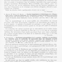 0423 - Page 405 - Analyses. 20ac. — Syphilis (Pyrétothérapie). Bertrand et D. Quivy. — Le problème des pyrogènes : son état actuel. Revue d'hématoloyic, 1947 / L. Kaplan, H. Read et F. Becker. — Souches homologues et hétérologues de « plasmodium vivax » ; étude de l'immunité par Inoculations croisées de souches de paludisme (Homologous and heterologous strains of Plasmodium vivax : a cross-inoculation study of malaria strain immunity). Journ. of Labor. And Clin. Med., 1946 / H. Haxthausen. — Traitement antispécifique de la syphilis, combiné à la pyrothérapie. Contrôle pour la recherche du spirochète dans les éléments éruptifs (Treatment of syphilis with spécifie remedies, coinbined with simultaneous lever therapy, appraised by the effect on spirochète pallida in fresh éruption). Act. Dermat. Venereol., 1945 / Ch. Carpenter, R. Boak et L. Dorn. — Traitement combiné de la syphilis expérimentale par Pyrétothéranie et mapharsen (Concurrent treatment of experimental syphilis with fever and mapharsen). American Journal of Syphilis, Gonorrhea and Venereal Diseases, 1947
