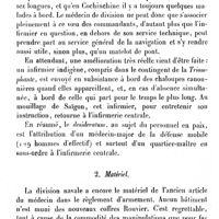 0324 - Page 324 - Service de santé de la division navale de Cochinchine, par le Dr Reboul, ... I. Organisation générale du service de santé. - Personnel. - Matériel. - Pharmacie centrale. - Infirmerie centrale. - Mobilisation. 1. Personnel. b. Infirmiers. / 2. Matériel
