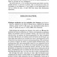0410 - Page 410 - Variétés. Mort du Dr Aran / Bibliographie. Clinique médicale sur les maladies des femmes, par Gustave Bernutz... grand in-8° de 591 pages, avec figures intercalées dan le texte. 1re partie du tome Ier ; Paris, 1860. Chez Chamerot