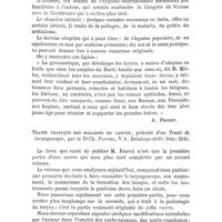 0123 - Page 123 - Bibliographie. De l'hygiène publique et de la chirurgie en Italie, par le Dr Gabriel Millot. Paris, J.-B. Baillère 1876... / Traité pratique des maladies du larynx, précédé d'un Traité de laryngoscopie, par le Dr Ch. Fauvel, V. A. Delahaye et Ce...