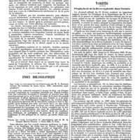 0100 - Page 96 - Bibliographie. De la chorée chronique. Thèse pour le doctorat par M. E. Huet. [P. B.]. / Index bibliographique. Les vices de conformation de l'oesophage, par M. S. Brosset, interne des hôpitaux de Lyon, Lyon, 1889. Association typographique. / Fièvre des foins (pathogénie et traitement), par le M. le docteur Marcel Natier. - Paris 1889. O. Doin. / Variétés. Prophylaxie de la fièvre typhoïde dans l'armée