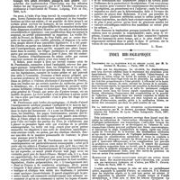 0123 - Page 119 - Bibliographie. Histoire de l'enseignement médical depuis les temps les plus reculés jusqu'à nos jours (Geschichte des medicinischen Unterrichts von den oeltesten Zeiten bis zur Gegenwart), par le Dr Theodor Puschmann,... Leipzig, Veit et Cie, 1889, in-8. [L. Hahn]. / Index bibliographique. Traitement de la pleurésie par le régime lacté, par M. le docteur E. Maurel. - Paris, 1889. O. Doin. / De la trépanation dans les épilepsies jacksonniennes non traumatiques, par M. le docteur Adhémar Péchadre, ancien interne des hôpitaux de Lyon. Thèse inaugurale. Paris, 1887. Félix Alcan. / Élimination de l'acide salicylique suivant les divers états des reins. Ses transformations dans l'économie, son action sur les principaux éléments de l'urine, par Mlle G. Chopin. - Thèse de Paris, 1889. O. Doin